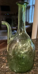 ANTIQUE FRENCH GREEN GLASS POURING BOTTLE FROM EARLY 20TH CENTURY HAND BLOWN!.