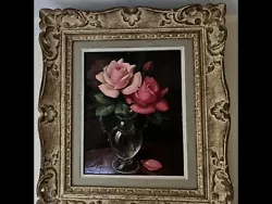 Ancien tableau signé henry le monnier art déco peinture aux roses cadre Montparnasse 42 sur 37 cm.