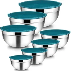 The mixing bowls are freezer safe and stay food fresh and clean in the refrigerator. Designed with blue lids and silver...