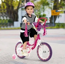 Costway 14 Kids Bike with Doll Seat Girls Bicycle with Training Wheels for 3-5 Years Old Girl