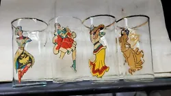 VINTAGE SET of 4 PEEK A BOO GLASSES PIN UP GIRLS BURLESQUE FEDERAL GLASS 4-5/8