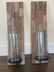 Large Heavy Rustic Farmhouse Pair of Wall Hanging Sconces Candle Holders. Ideal for Entryway. Patchwork Wood & Glass....