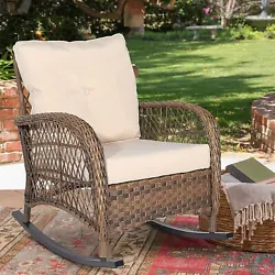 With the included cushions on the seat and chairback, this rattan rocker is perfect for relaxing indoors or outdoors....