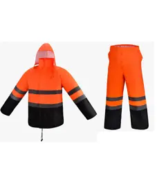 Class 3 Waterproof Orange Safety RainSuit, Rain Jacket With Hoodie and Rain Pants. Includes Rain Jacket, Pants and...