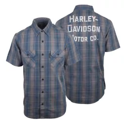 Amplifier S/S Woven Shirt (S38). - Snap Button Collar. - Graphic Harley-Davidson Motor Co. - 100% Cotton. Body Length....