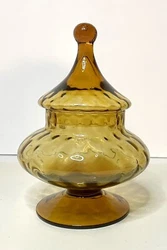 Italian Empoli Amber Optic Apothecary Jar Circus Tent Lid Art Glass.