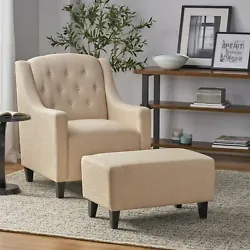 The chair features natural color linen upholstery with tufted back and dark espresso stained legs. Empierre is sure to...