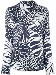 Relaxed silhouette; Shirttail hem. Animal Printed Washed Silk. SIZE XS: 26