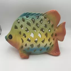Multicolor Large Cutout Ceramic Fish tealight holder 8” Tall.. Beautiful.