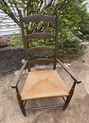 Antique 18th Century Ladder Back Arm Chair in old green paint with gray patina. Message me for specific dimensions and...