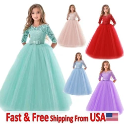 Kids girls formal long tulle spliced party dress, featuring elegant and gorgeous design. High quality fabric for top...