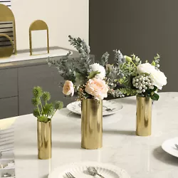 Set includes 3 various sized tall brass tone cylinder metal vases for adding a touch of modern elegance and style to...