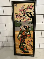 Needlepoint Hand Made Oriental Vintage framed Art. 20 1/4 inches high by 8 1/2 inches wide Wow what beautiful...