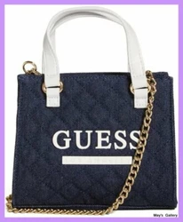 Denim + Faux-leather small crossbody. Top handle with 3