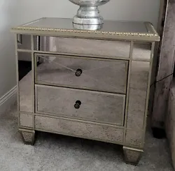 Mirrored Nightstand with 2 Drawers Gold Champagne Wood Trim.