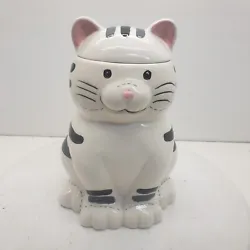 Cat Cookie/ Storage Jar White With Black And Gray Stripes. This adorable pre-loved cat jar has some crazing in the...