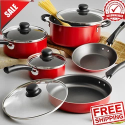 Riveted handles allow for safe handling. · Nonstick interiors are easy to clean. The pans and lids are both...