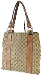 GUCCI Tote Shoulder Bag. Canvas and leather. 1 small opened pocket and 1 cellphone pocket. Canvas has discoloration,...