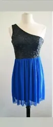 Black and blue sequins one shoulder dress.