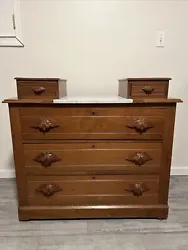 Antique Maple 3 Drawer Dresser With White Marble Top.