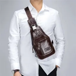 Men Genuine Leather Crossbody Bag Shoulder Messenger Chest Bag Sling Bag Handbag. Back one pocket with zip, front one...