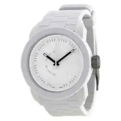 White dial enhanced by luminous black hands. White Silicone-covered stainless steel case with a white rubber band....