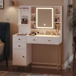Modern Vanity Desk with Mirror & 3 Lighting Modes, Vanity Table with 2 USB Ports and Outlets, Vanity Set Mirror with...