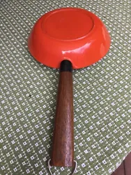 Vintage Cast Iron Wood Handle frying pan Flame Orange Has some chipping and staining of enamel see picsSkillet 8”...