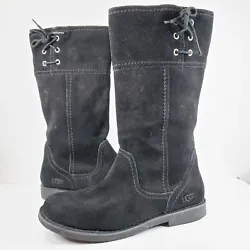Style Rayanne 3301. UGG 3301 Black Suede Zip Up Boots with side Tie accent. Girls Size 5.