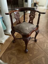 MAHOGANY CORNER CHAIR Beautifully carved legs, neutral upholstery in excellent condition. Nature motif with ducks,...