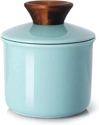 NEW- DOWAN Durable Porcelain Butter Keeper Crack with wood knob led for Fresh Soft Butter. Color: Blue Size: H4.25