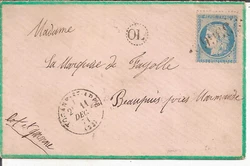 Partie de TOCANE ST APRE en Dordogne et adressée à Beaupuis près Marmande le 11/12/1871. Joli petit cachet...