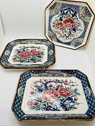 Vintage Otetsu Toyo China Blue Rose Flowers 3 Piece Dish Set Candy Relish made in Japandishes measures 6 1/2