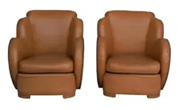 Paire de fauteuil art déco type paquebot en cuir de dimension 80 4 cm hauteur 74 cm largeur 80 cm profondeur