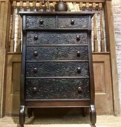 Gorgeous antique empire high boy dresser refinished (2020) with a dark tobacco / walnut stain and floral details....