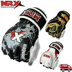 · HighQuality Leather MMA,Grappling, Martial Arts Bag Training Gloves. · Long Strap Closure for Better Fitting.
