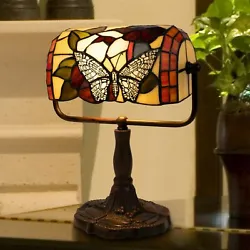 Tiffany Style Bankers Table Desk Lamp Stained Glass LED Bulb Lighted Artwork.