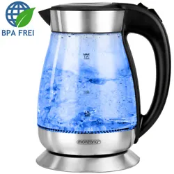 - Sans BPA  - Réservoir en verre et acier inoxydable - Volume de 1,7 litres - Puissance : 2200W max.