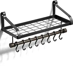 Modern Wall Mounted Pot Rack - 1 Storage shelf + 1 tier cross bar+ 8 removable hooks. And you can place towels on the...