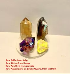 We are offering an amazing combo of natural Aquamarine, on Smoky Quartz, Congo Citrine, Amethyst and sulfur crystals...