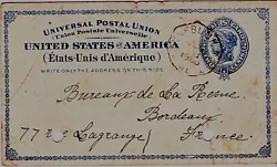 1 entier postal USA. de lUnion Postale Universelle à destination de Bordeaux daté de 1886, correspondance au dos.  2...