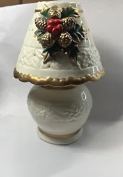 Christmas Holly Tea Light Holder Lamp Two Piece Holiday Theme Gold Trim.