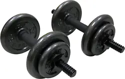 Fully adjustable with four 6 lb plates, four 2.5 lb plates, 2 threaded solid dumbbell handles, and 4 spin-lock collars....