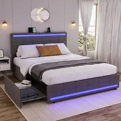 4 Storage Drawers with Black Pads. Color changing light strip Makes Your Life Smarter. Adjustable Headboard & Led...