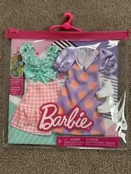 Barbie Fashion Pack 2 Outfits Green Top, Orange Skirt & Purple Dress with Polka Dots & Accessories - Brand New.