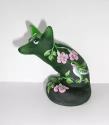 Fenton Glass Emerald Green Ruby-Throated Hummingbird & Pink Trumpet Flower Fox Figurine Limited Edition Gift Shop...