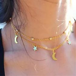 Star & Moon Layered Chain Choker in Golden or Silver Color, your choice! Clasp enclosure -.