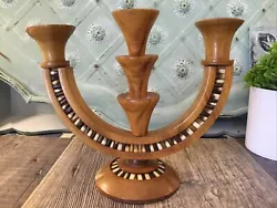 Hanukkah menorah Inlaid-wood Vintage judaica holder candlestick Candelabra Wood. Condition is 