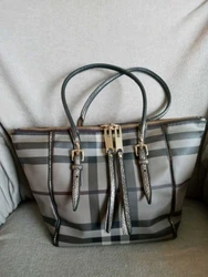 BURBERRY SALISBURY SMOKE SADDLE STITCHSMALL TOTE HANDBAG. METALLIC BAG WITH TWO TOP ZIPPER PULLS, ANTIQUE GOLD...
