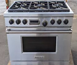 Five bigger burners rated at 15k BTU. The one smaller burner is rated at 9500 BTU. Beautiful Wolf dual fuel (220v oven...